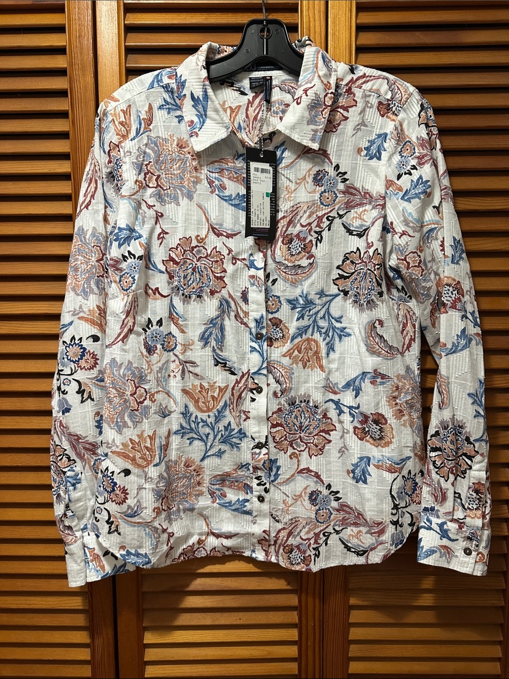 Floral Button-Down Shirt in White with Blue & Brown Print